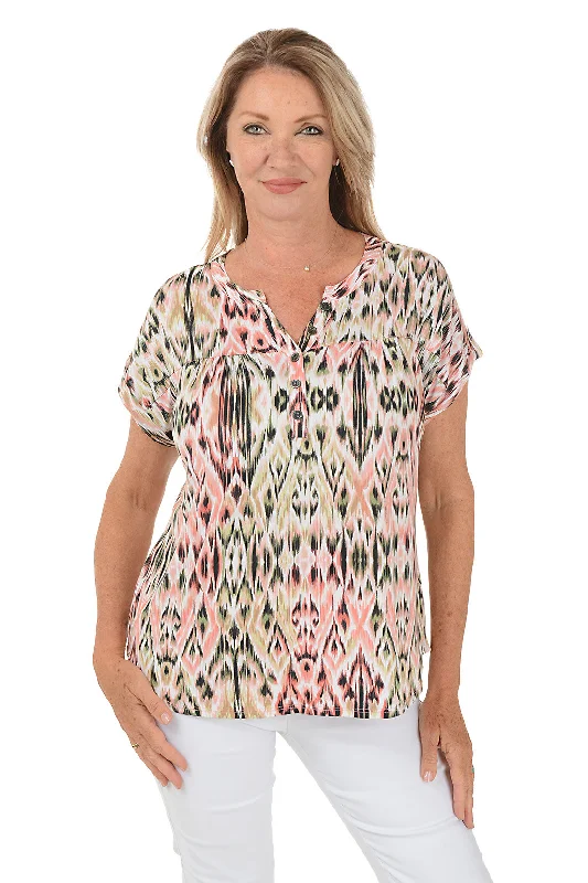 Coral Ikat Short Sleeve Top