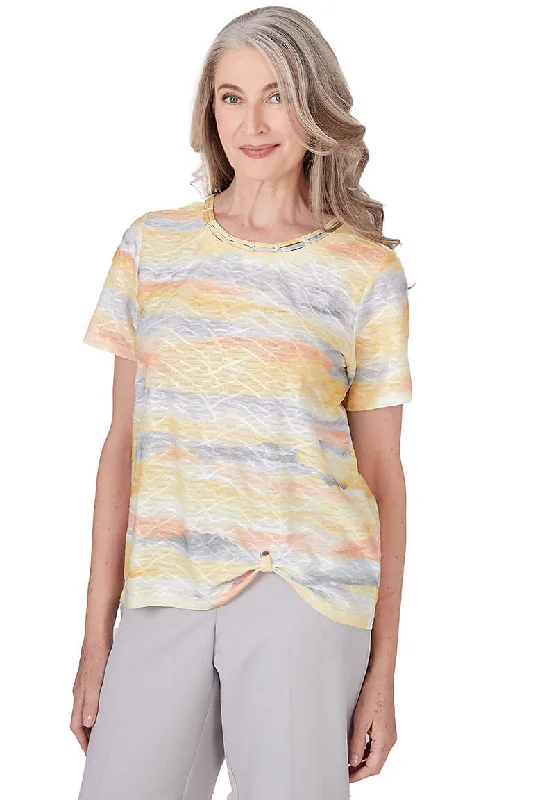 Petite Charleston Bayadere Striped Jeweled Neckline Top