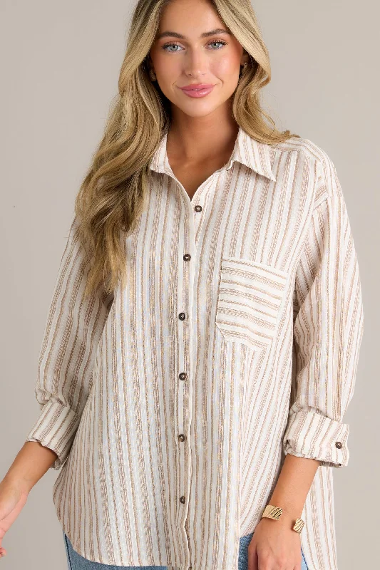 Boho Harmony Ivory Button Front Stripe Top