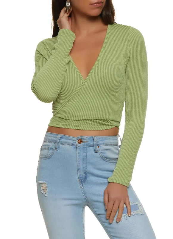 Long Sleeve Ribbed Knit Wrap Crop Top