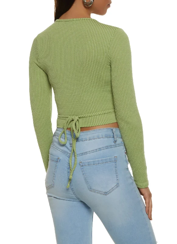 Long Sleeve Ribbed Knit Wrap Crop Top