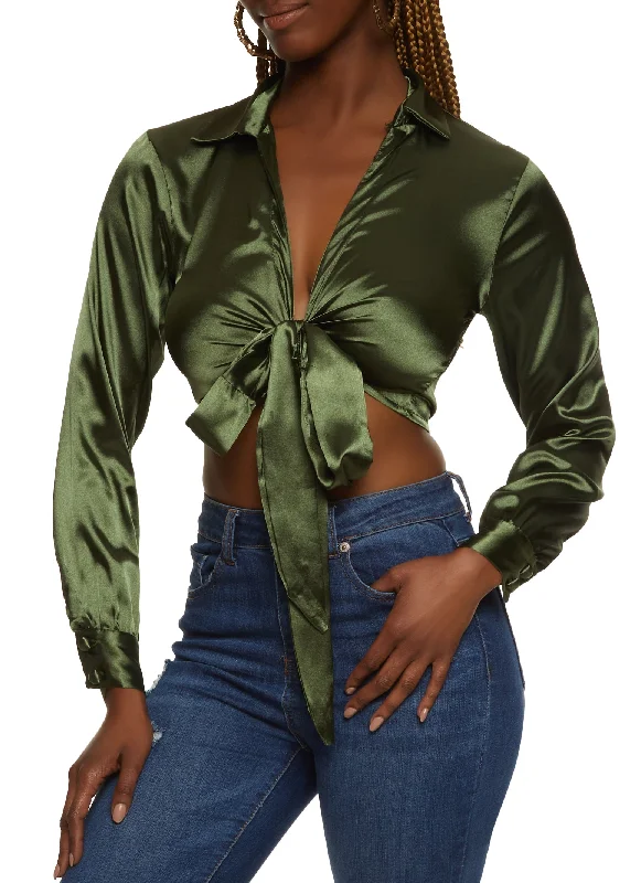 Satin Long Sleeve Tie Front Crop Top