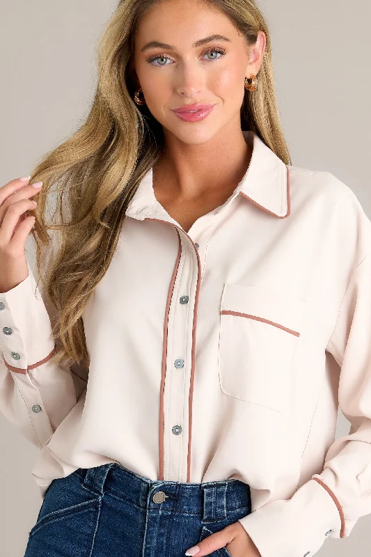 Opulent Occasion Ecru Beige Button Front Top