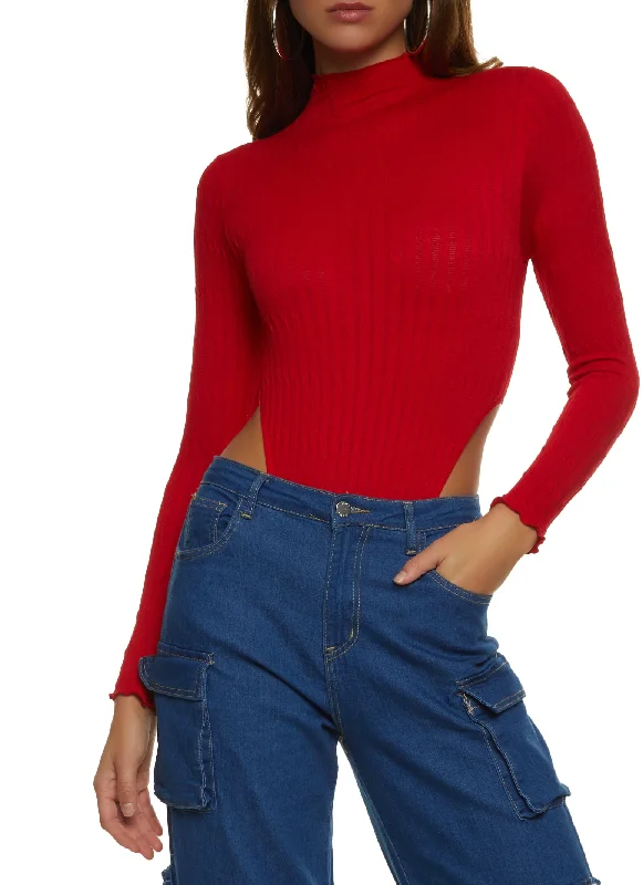 Rib Knit Lettuce Edge High Cut Seamless Bodysuit