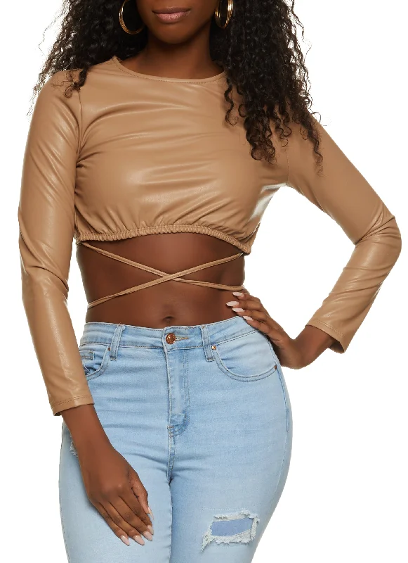 Faux Leather Tie Hem Crop Top