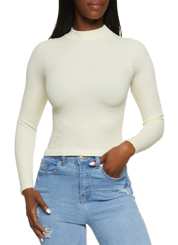 Ribbed Knit Seamless Mock Neck Long Sleeve Top