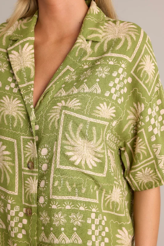 Tropical Treasures Olive Green Tropical Print Top