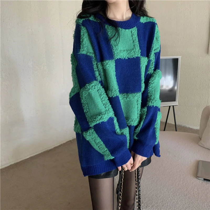 Aimays  Autumn fashion inspo    Vintage Checkerboard Knitted Sweater Autumn Women Casual Thick Warm Loose Long Sleeve Tops Korean Female All Match Jumper