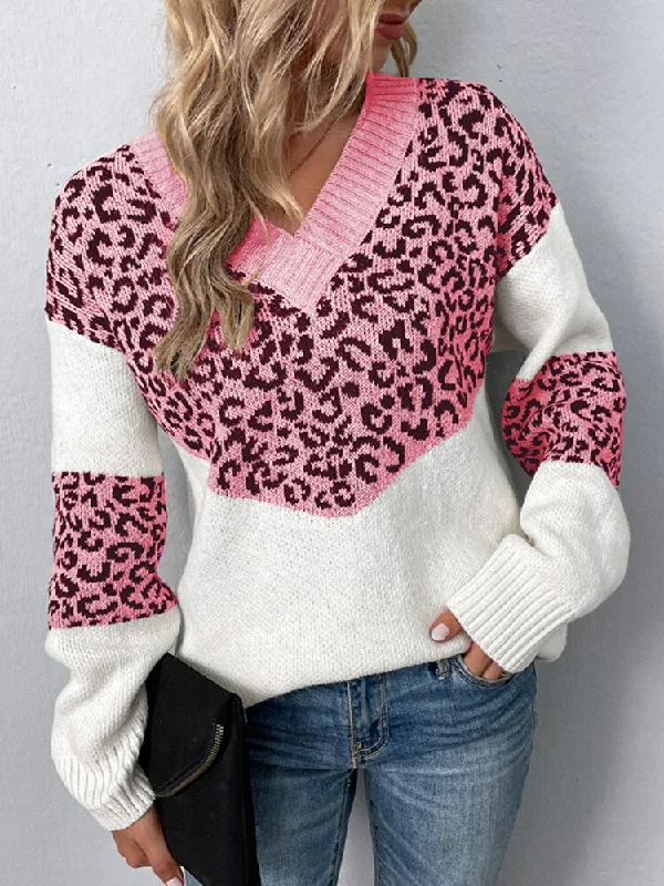 Aimays Autumn Outfits    Sweater Women  Autumn Winter New V-neck Collision Leopard Print Sweater Female Pullover Tops with Long Sleeve Female Jumpers