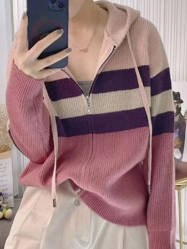 Aimays Autumn Outfits   Sweaters for Women Korean Fashion Stripe Zipper Hooded Cardigan for Women Knitwears Vintage Long Sleeve Top Ladies Sweater