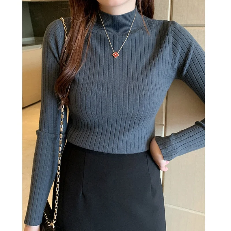 Aimays Autumn Outfits   Women Knitted Sweater Autumn Vintage Casual Slim Long Sleeve Sweaters Korean Solid White Female All Match Jumper New