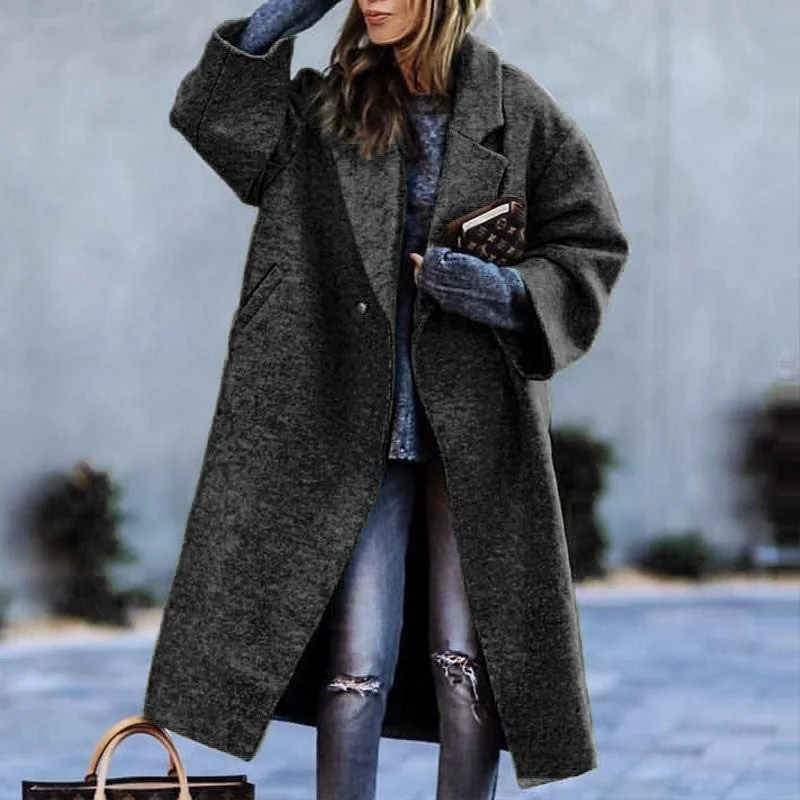 Autumn And Winter Long Woolen Color Temperament Commute No Belt Lapel Loose Woolen Green Coat