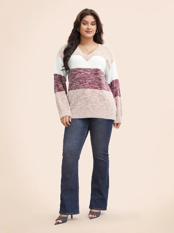 Colorblock Contrast Super Soft Plush Knit V Neck Pullover