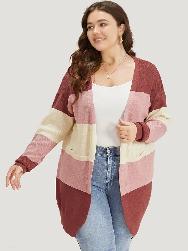 Colorblock Patchwork Patched Pocket Elastic Cuffs Cardigan