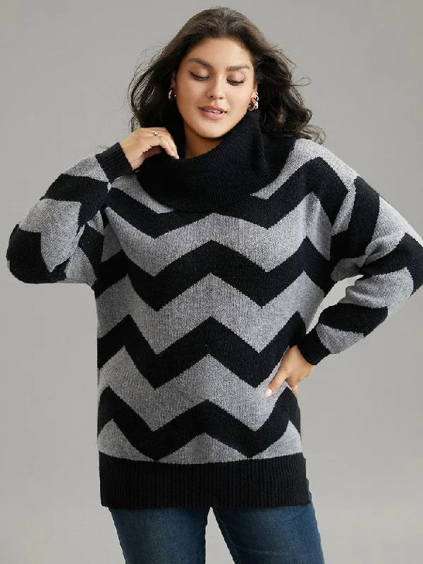 Geo Striped Turtle Neck Drop Shoulder Pullover