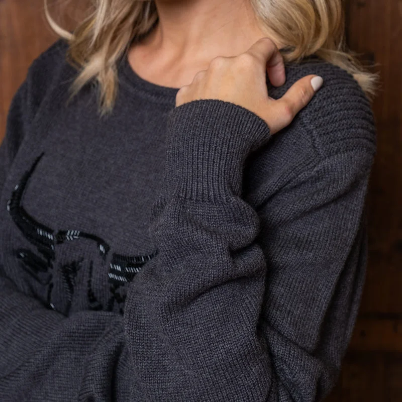 Luxe Beaded Skull Pullover Knit Gravel