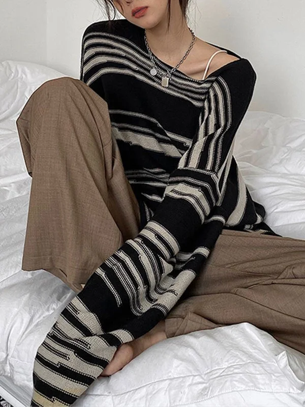 Aimays-Oversized knit sweater with stripes