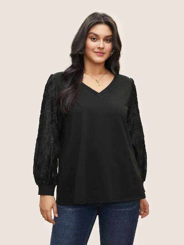 Plain Chiffon Patchwork Lantern Sleeve Sweatshirt