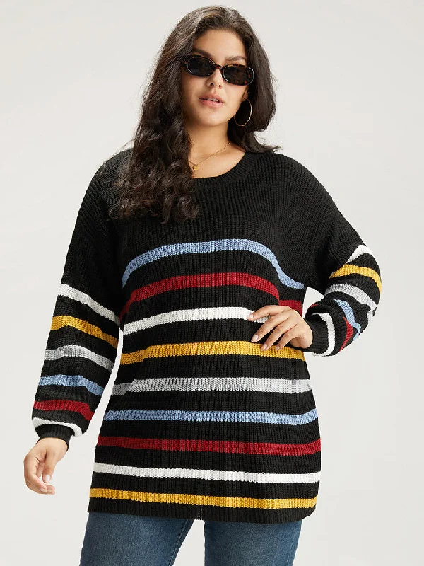 Rainbow Striped Drop Shoulder Lantern Sleeve Pullover