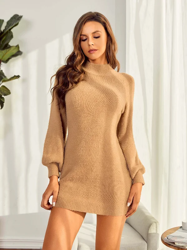 Aimays-Solid Fuzzy Sweater Dress