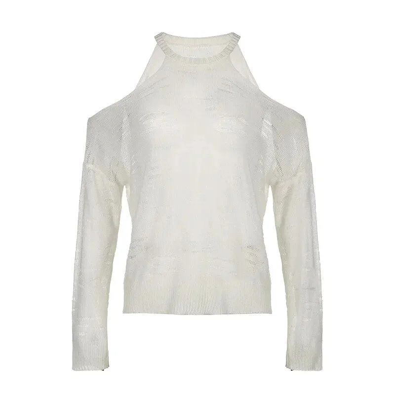 Aimays-White Ripped Open Shoulder Knitted Sweater