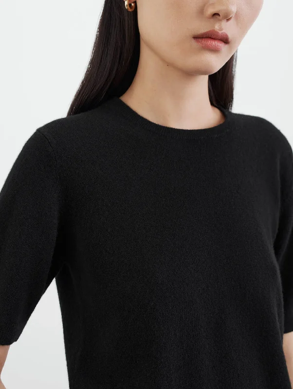 Short Sleeve O-Neck Cashmere Tee in Black