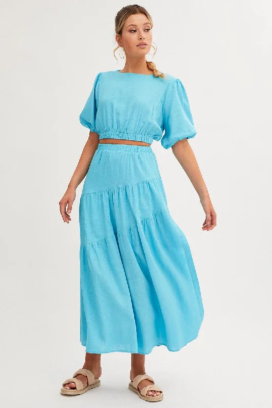 Blue Maxi Skirt Asymmetric Tier