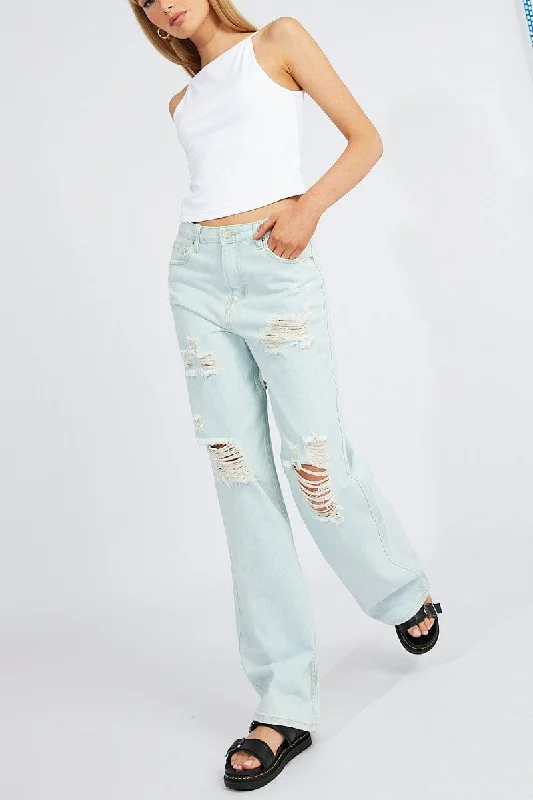 Denim Wide Leg Jean High Rise Ripped