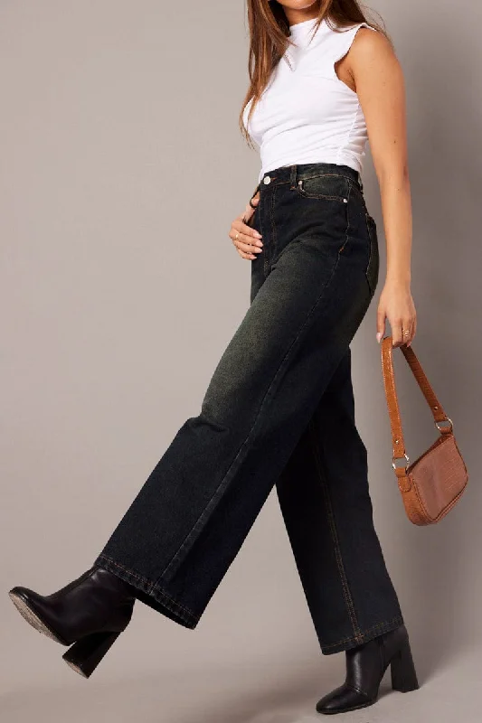 Denim Wide Leg Jean Mid Rise Dirty Wash