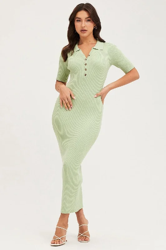 Green Button Front Bodycon Knit Dress