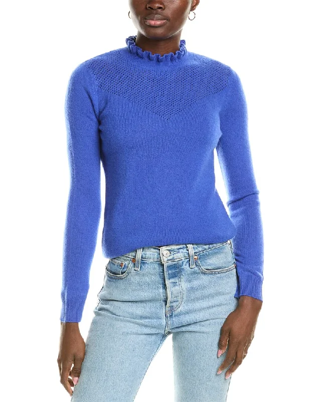 sofiacashmere Ruffle Mock Neck Mesh Stitch Cashmere Sweater