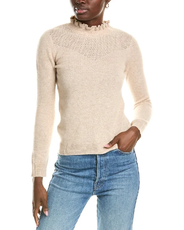 sofiacashmere Ruffle Mock Neck Mesh Stitch Cashmere Sweater