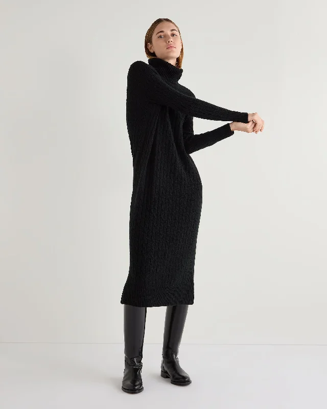 Women's Longline Cable Cashmere Dress Black