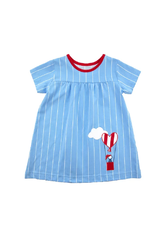 Blue Pinstripe Print Dress With Heart Air Balloon