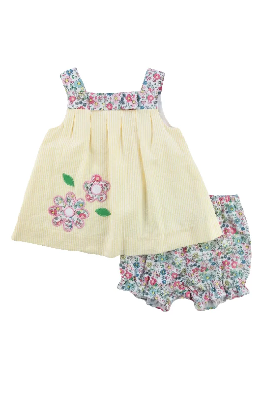 Seersucker Dress & Bloomer With Flowers