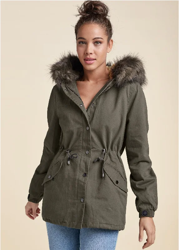 Cargo Jacket With Faux Fur Hood - Olive