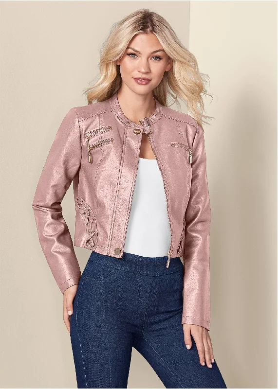 Faux-Leather Lace-Up Jacket - Rose Gold