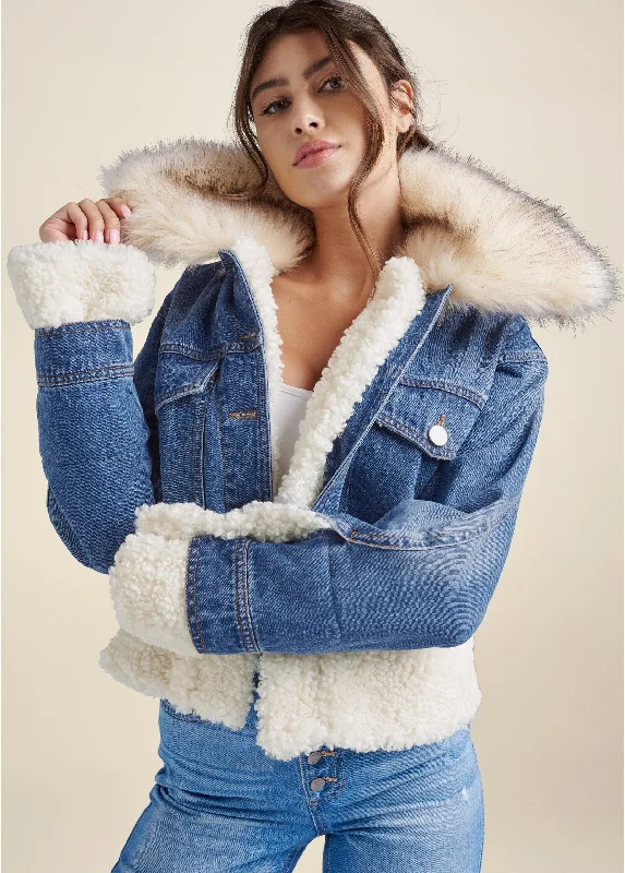 Faux Fur Trim Trucker Jean Jacket - Medium Wash