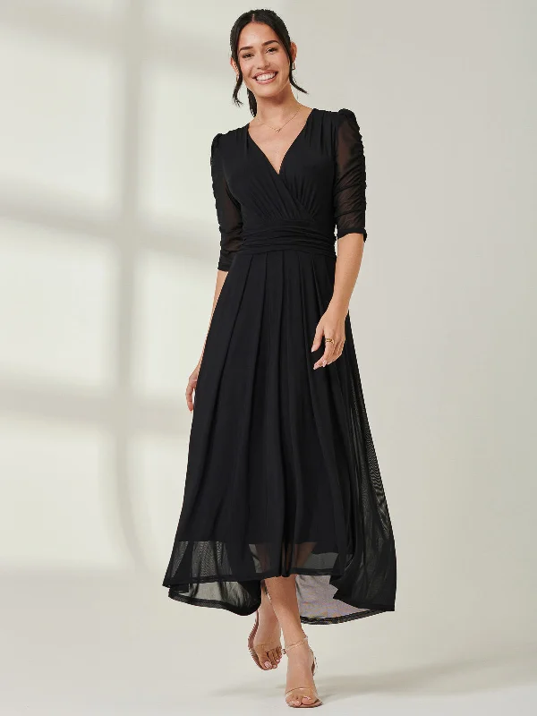 Aneissa Ruched Sleeve Mesh Maxi Dress, Black