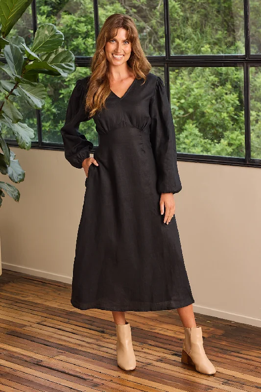 Farrah Long Sleeve Linen Dress in Black