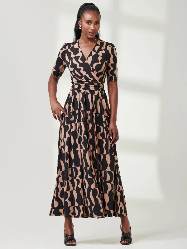 Half Sleeve Jersey Maxi Dress, Brown Pattern