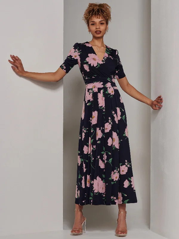 Kenzie Half Sleeve Jersey Maxi Dress, Navy Floral