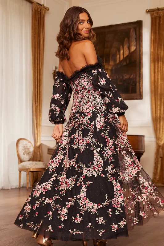 Lunaria Wreath Off-Shoulder Long Sleeve Gown