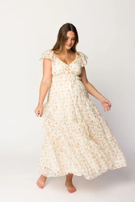 Charming Floral & Gingham Ruffled Maxi Dress in Cream/Peach Floral