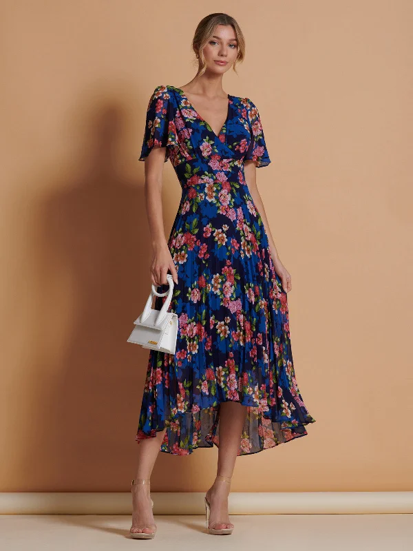 Pleated Chiffon High Low Maxi Dress, Navy Floral