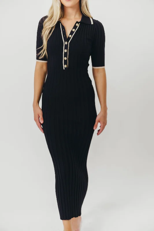 Addie Ribbed Button-Down Maxi Dress in Black - Nursing and Bump Friendly