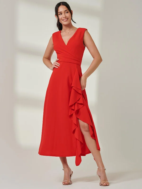 Wrap Front Frill Detail Maxi Dress, Red