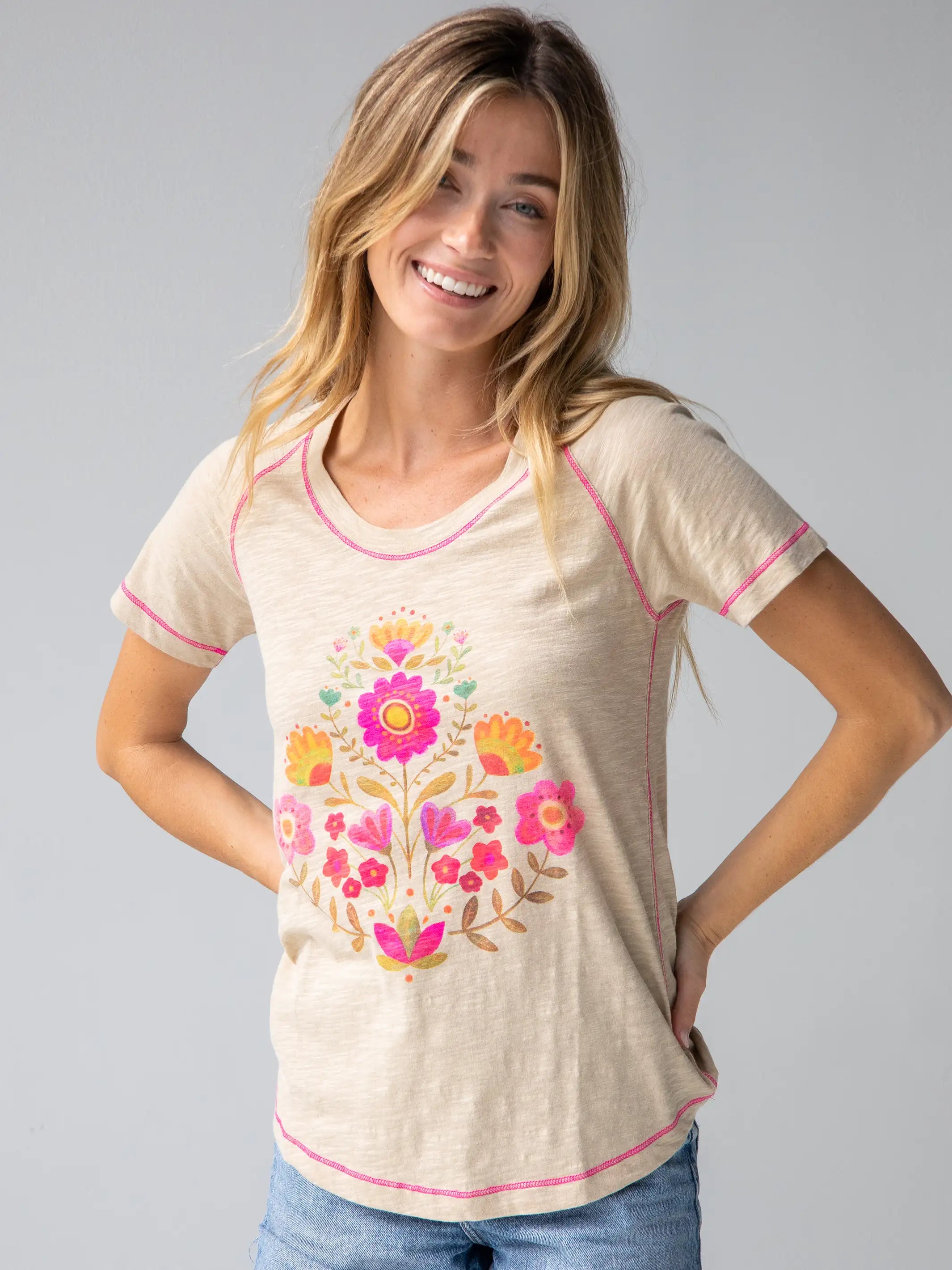 Boho Cotton Tee Shirt - Cream Folk Flower