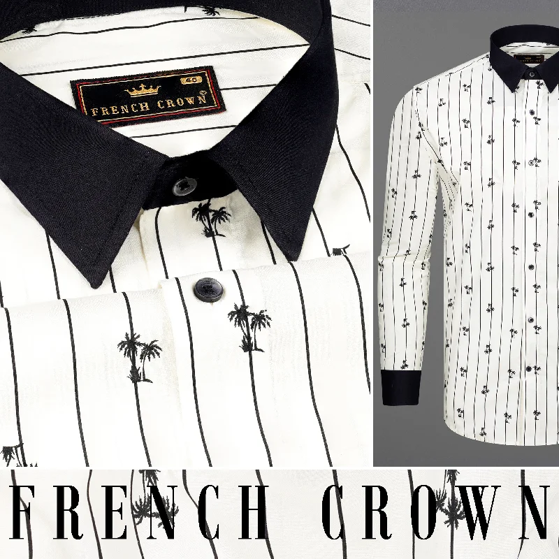 Off White Striped with Black Collar Premium Cotton Shirt